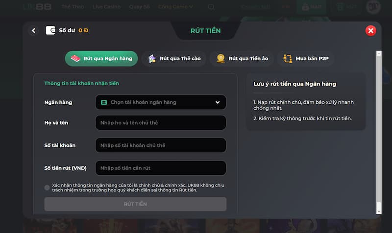 Hướng dẫn rút tiền từ tài khoản Uk88 sau khi thắng tài xỉu
